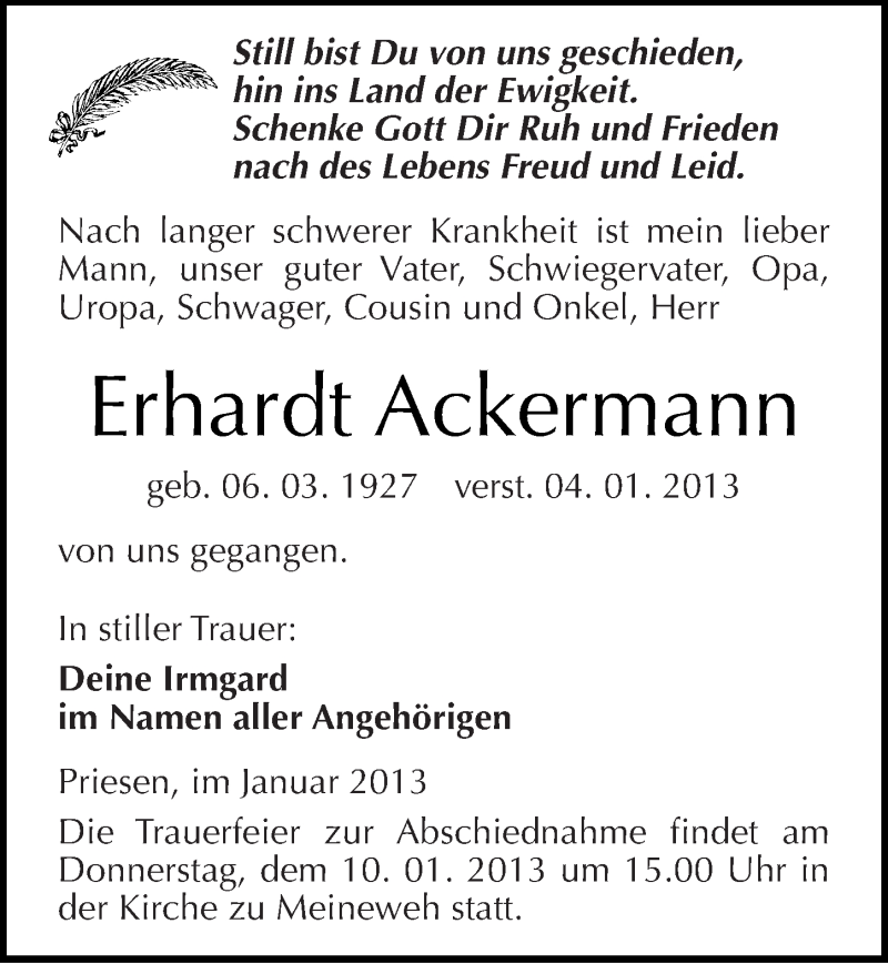 Traueranzeigen Von Erhardt Ackermann Abschied Nehmen De