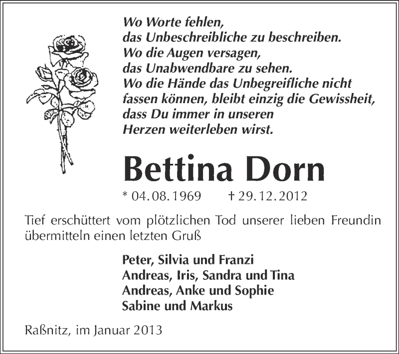 Traueranzeigen Von Bettina Dorn Abschied Nehmen De