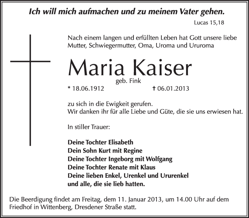 Traueranzeigen Von Maria Kaiser Abschied Nehmen De