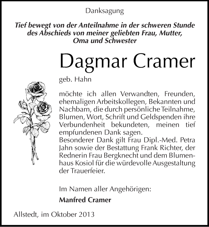 Traueranzeigen Von Dagmar Cramer Abschied Nehmen De