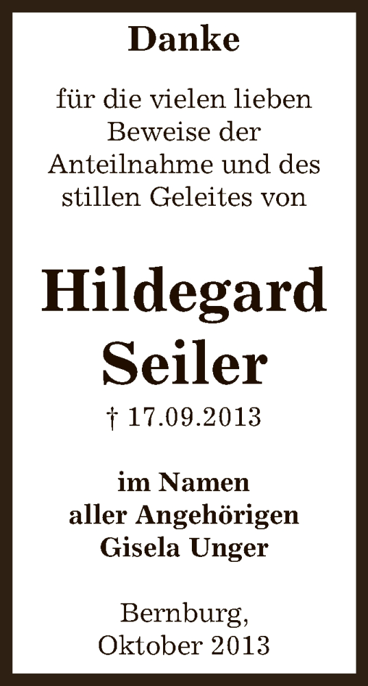 Traueranzeigen Von Hildegard Seiler Abschied Nehmen De