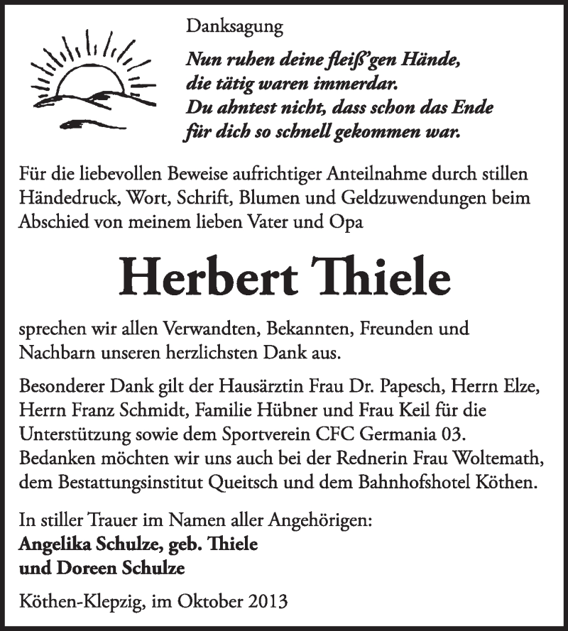 Traueranzeigen Von Herbert Thiele Abschied Nehmen De