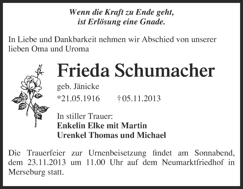 Traueranzeigen Von Frieda Schumacher Abschied Nehmen De