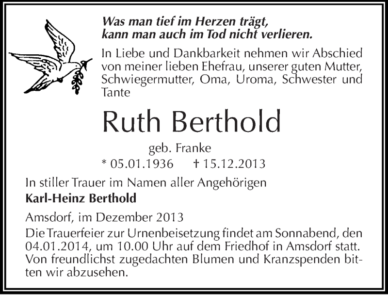 Traueranzeigen Von Ruth Berthold Abschied Nehmen De