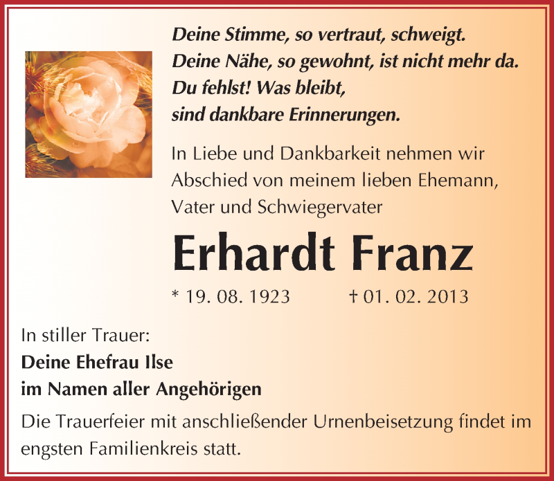 Traueranzeigen Von Erhardt Franz Abschied Nehmen De