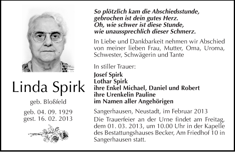 Traueranzeigen Von Linda Spirk Abschied Nehmen De