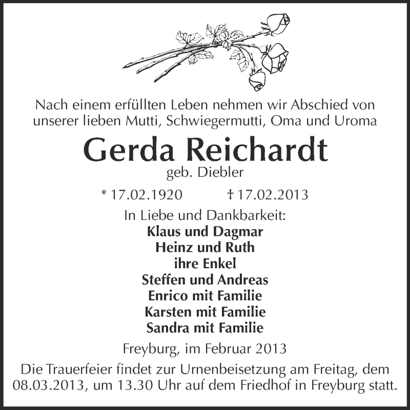 Traueranzeigen Von Gerda Reichardt Abschied Nehmen De