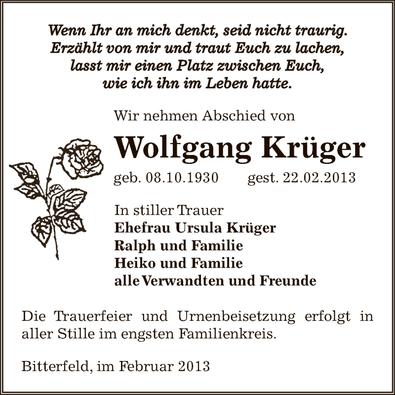 Traueranzeigen Von Wolfgang Kr Ger Abschied Nehmen De