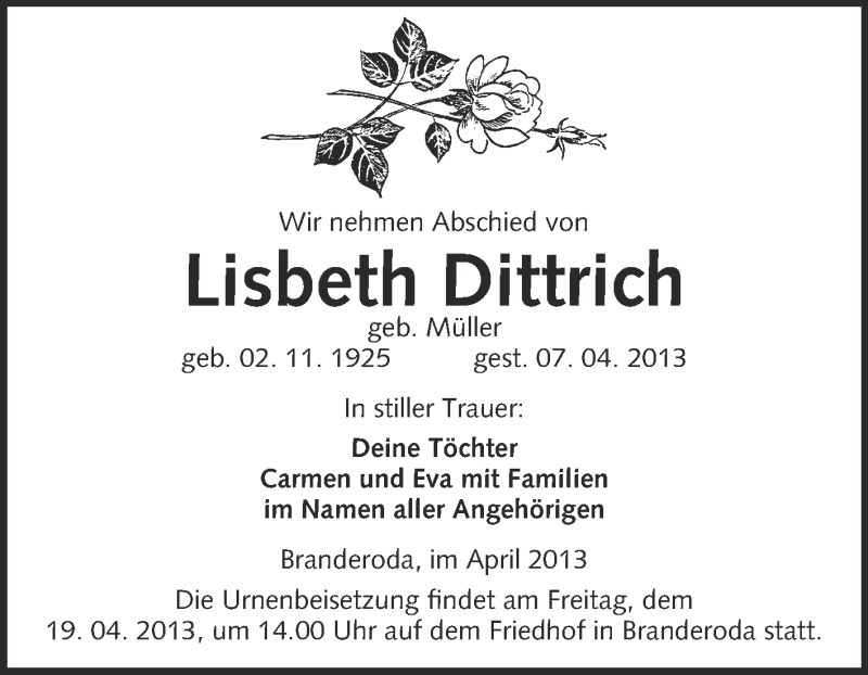 Traueranzeigen Von Lisbeth Dittrich Abschied Nehmen De