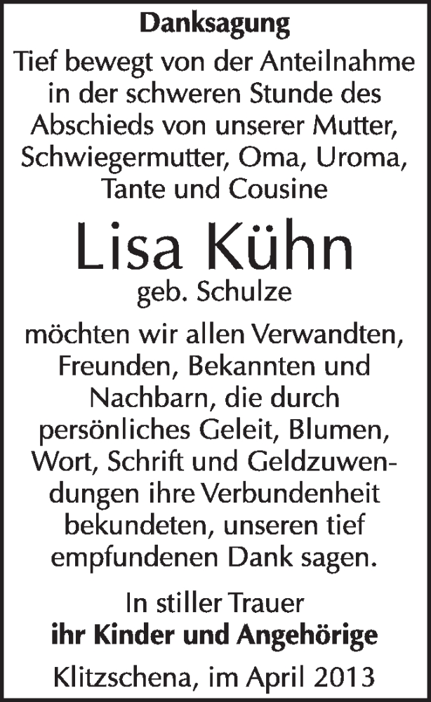 Traueranzeigen von Lisa Kühn abschied nehmen de