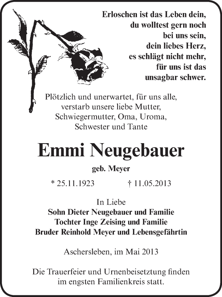 Traueranzeigen Von Emmi Neugebauer Abschied Nehmen De