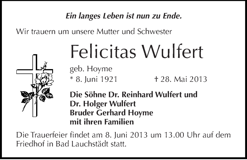 Traueranzeigen Von Felicitas Wulfert Abschied Nehmen De