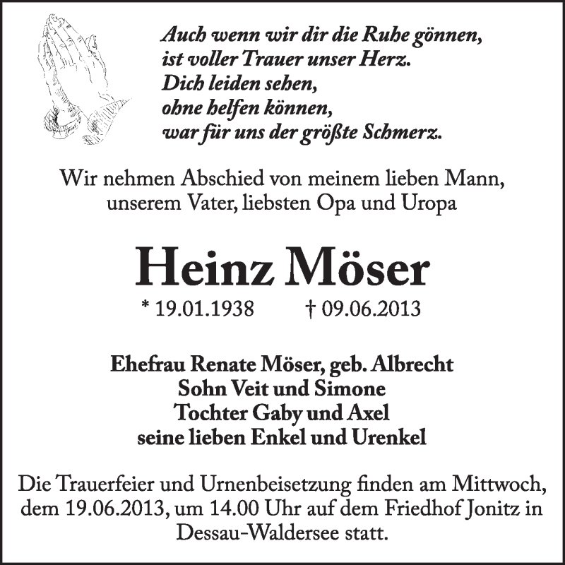 Traueranzeigen von Heinz Möser abschied nehmen de