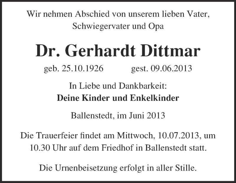 Traueranzeigen Von Gerhardt Dittmar Abschied Nehmen De