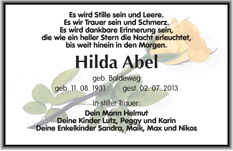 Traueranzeigen Von Hilda Abel Abschied Nehmen De