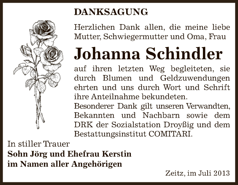 Traueranzeigen Von Johanna Schindler Abschied Nehmen De