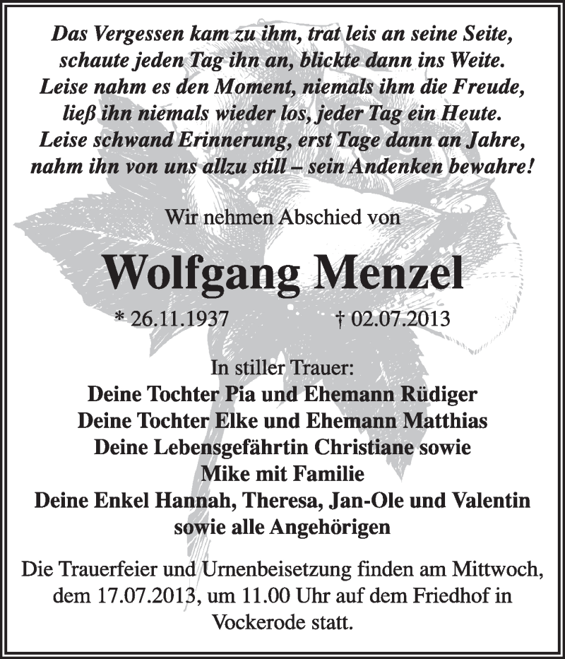 Traueranzeigen Von Wolfgang Menzel Abschied Nehmen De