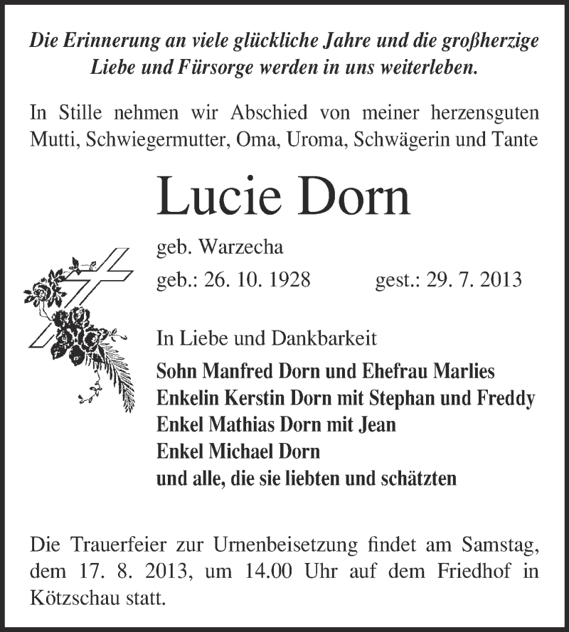 Traueranzeigen Von Lucie Dorn Abschied Nehmen De