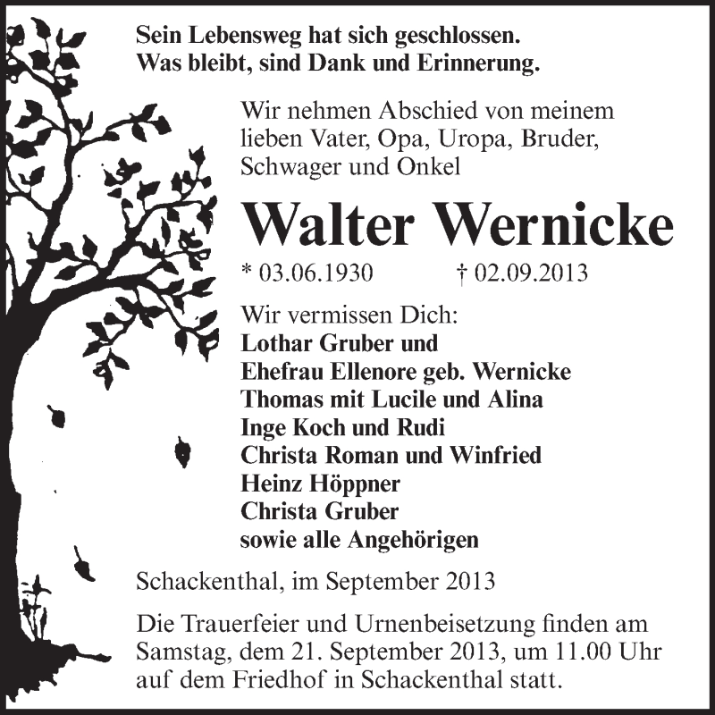 Traueranzeigen Von Walter Wernicke Abschied Nehmen De