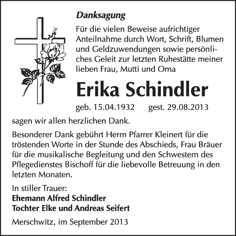 Traueranzeigen Von Erika Schindler Abschied Nehmen De