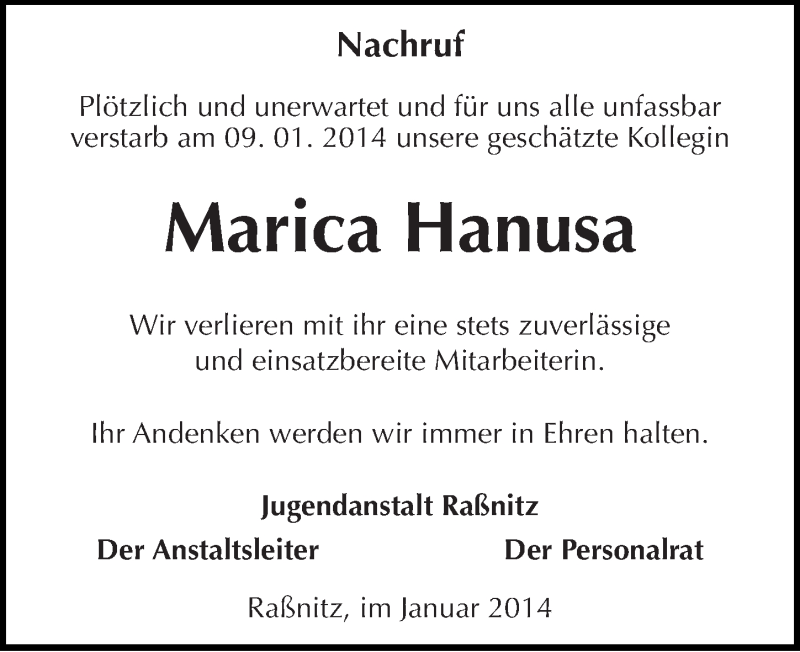 Traueranzeigen Von Marica Hanusa Abschied Nehmen De