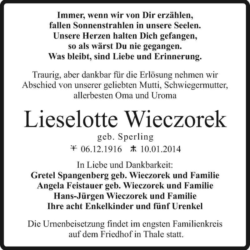 Traueranzeigen Von Lieselotte Wieczorek Abschied Nehmen De