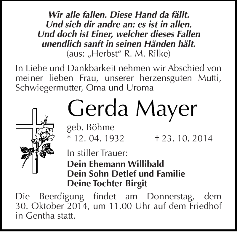 Traueranzeigen Von Gerda Mayer Abschied Nehmen De