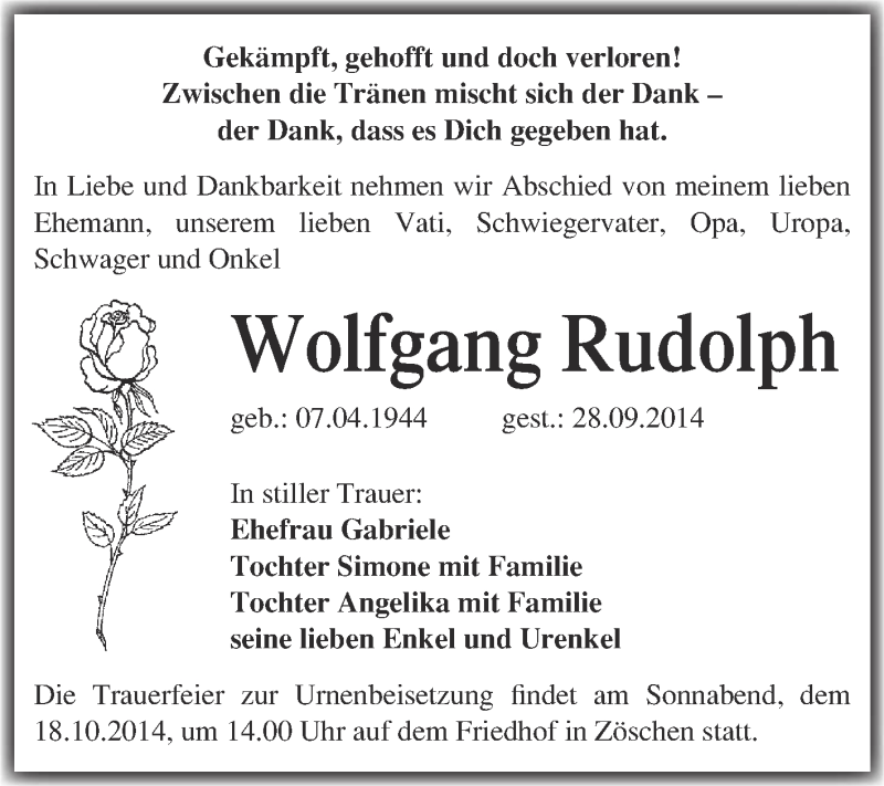 Traueranzeigen Von Wolfgang Rudolph Abschied Nehmen De