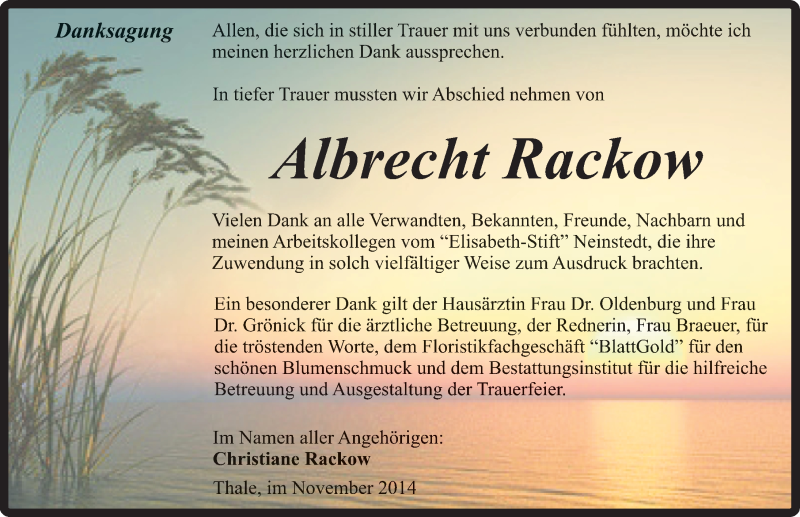 Traueranzeigen Von Albrecht Rackow Abschied Nehmen De