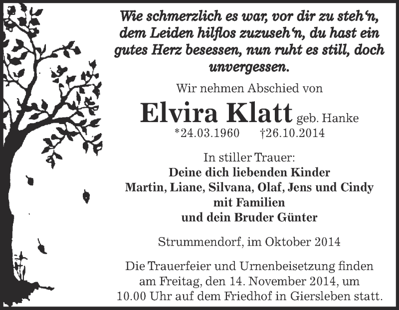 Traueranzeigen Von Elvira Klatt Abschied Nehmen De