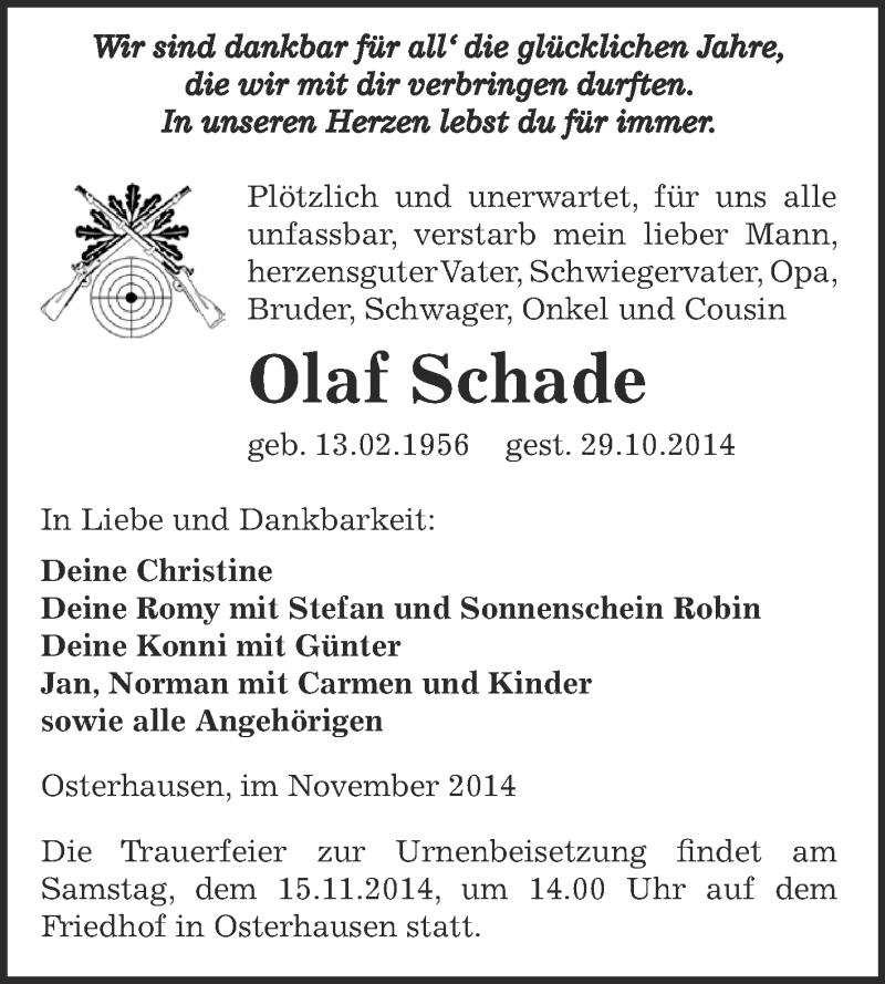 Traueranzeigen Von Olaf Schade Abschied Nehmen De