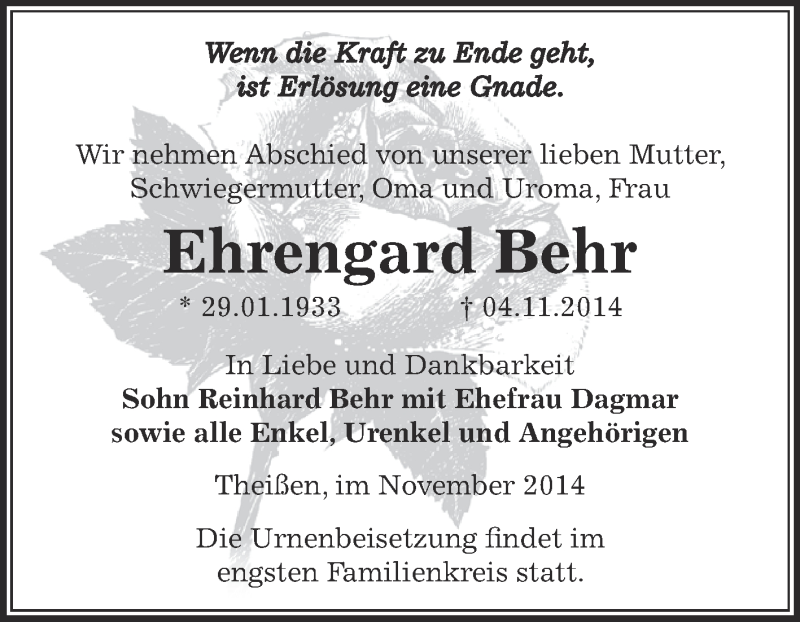 Traueranzeigen Von Ehrengard Behr Abschied Nehmen De