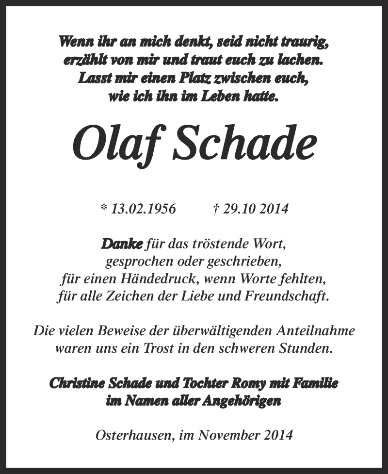 Traueranzeigen Von Olaf Schade Abschied Nehmen De