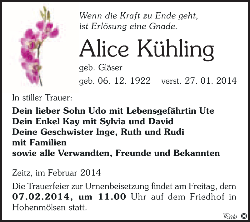 Traueranzeigen Von Alice K Hling Abschied Nehmen De