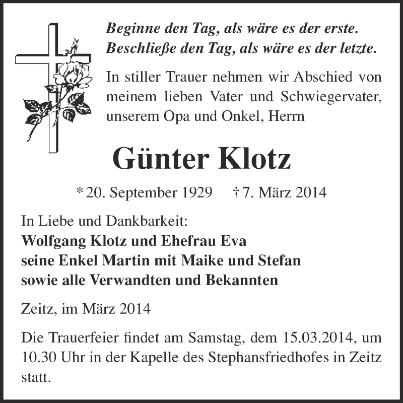 Traueranzeigen Von G Nter Klotz Abschied Nehmen De