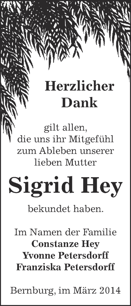 Traueranzeigen Von Sigrid Hey Abschied Nehmen De