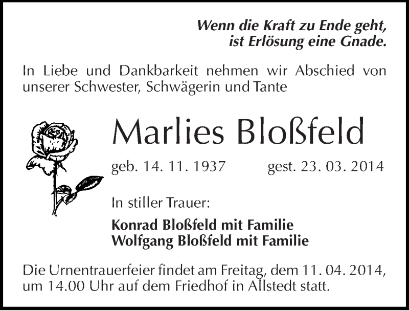 Traueranzeigen von Marlies Bloßfeld abschied nehmen de