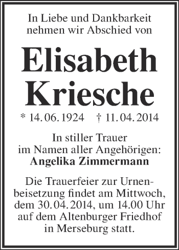 Traueranzeigen Von Elisabeth Kriesche Abschied Nehmen De