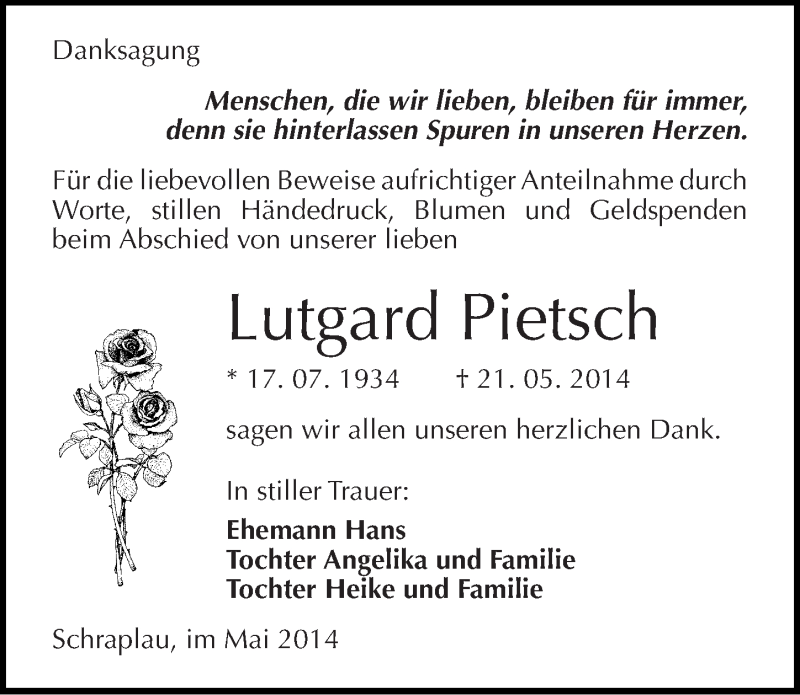 Traueranzeigen Von Lutgard Pietsch Abschied Nehmen De