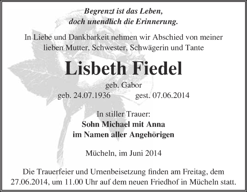 Traueranzeigen Von Lisbeth Fiedel Abschied Nehmen De