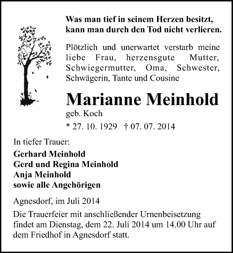 Traueranzeigen Von Marianne Meinhold Abschied Nehmen De