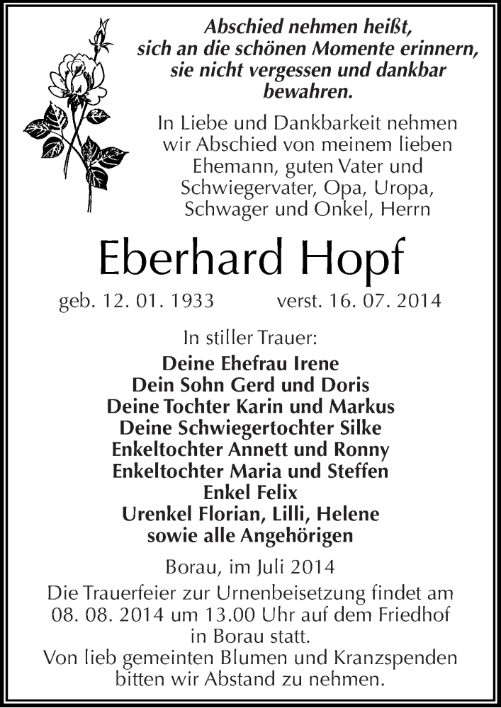 Traueranzeigen Von Eberhard Hopf Abschied Nehmen De