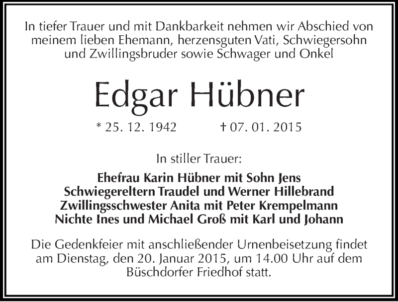 Traueranzeigen von Edgar Hübner abschied nehmen de