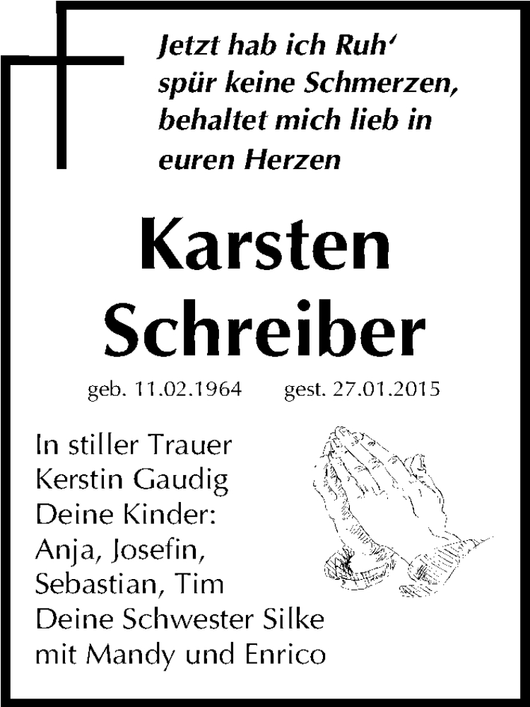 Traueranzeigen Von Karsten Schreiber Abschied Nehmen De