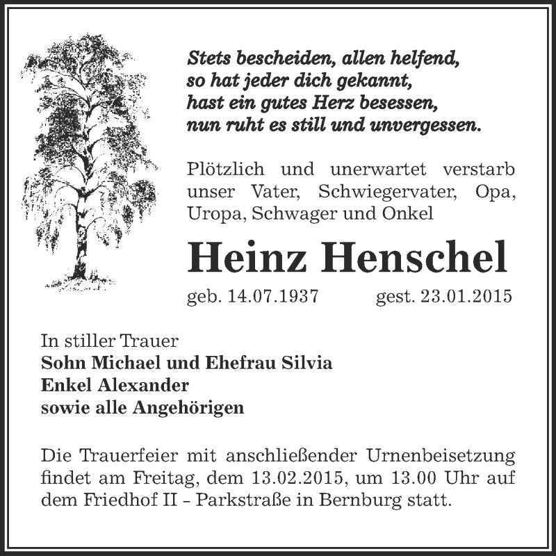 Traueranzeigen Von Heinz Henschel Abschied Nehmen De