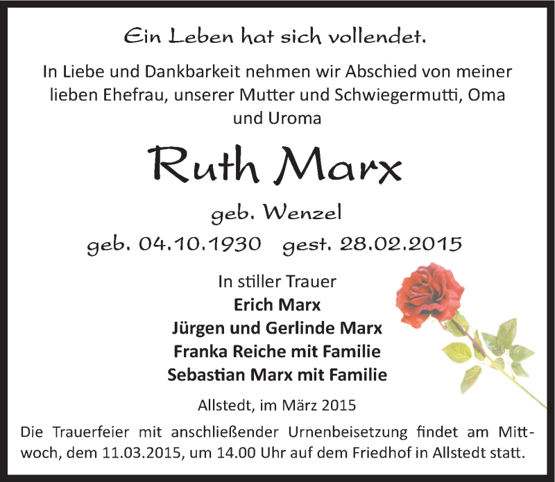 Traueranzeigen Von Ruth Marx Abschied Nehmen De