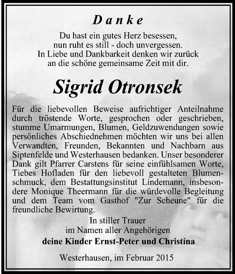 Traueranzeigen Von Sigrid Otronsek Abschied Nehmen De