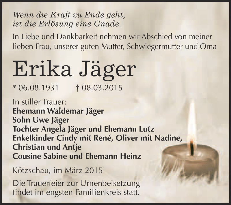 Traueranzeigen von Erika Jäger abschied nehmen de