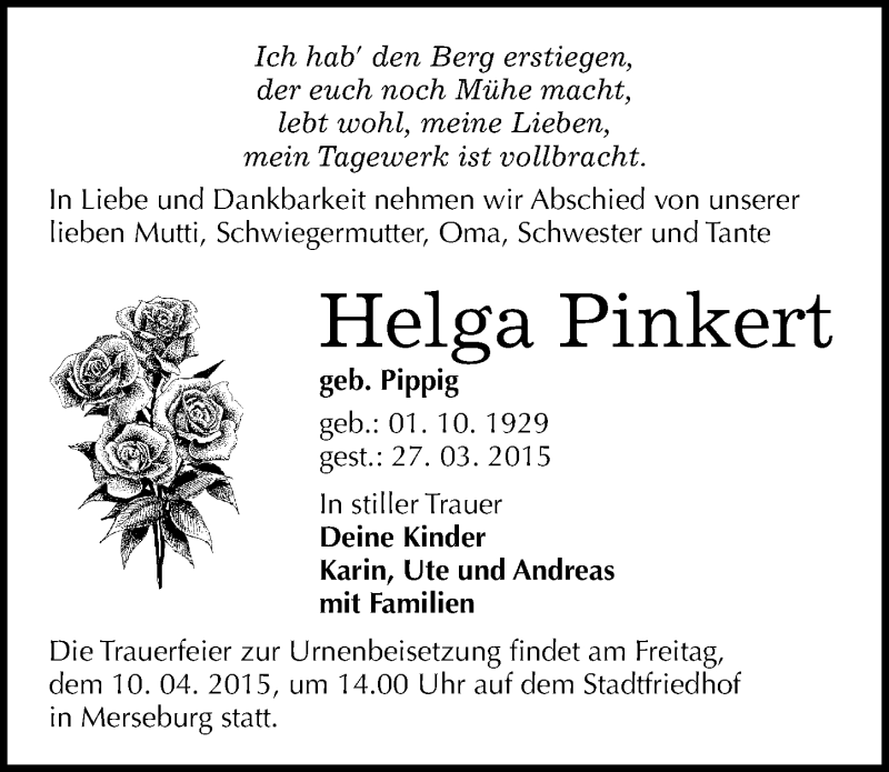 Traueranzeigen Von Helga Pinkert Abschied Nehmen De