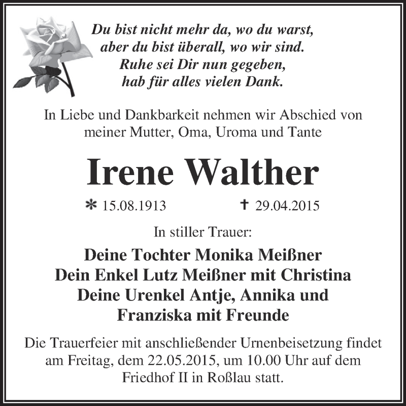 Traueranzeigen Von Irene Walther Abschied Nehmen De